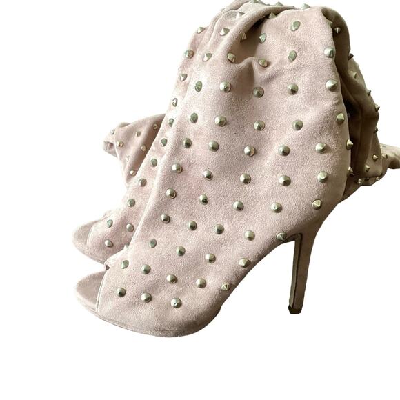 Liliana Vegan Suede Over the Knee Golden Tacks Peep Toe Boots - Picture 6 of 10